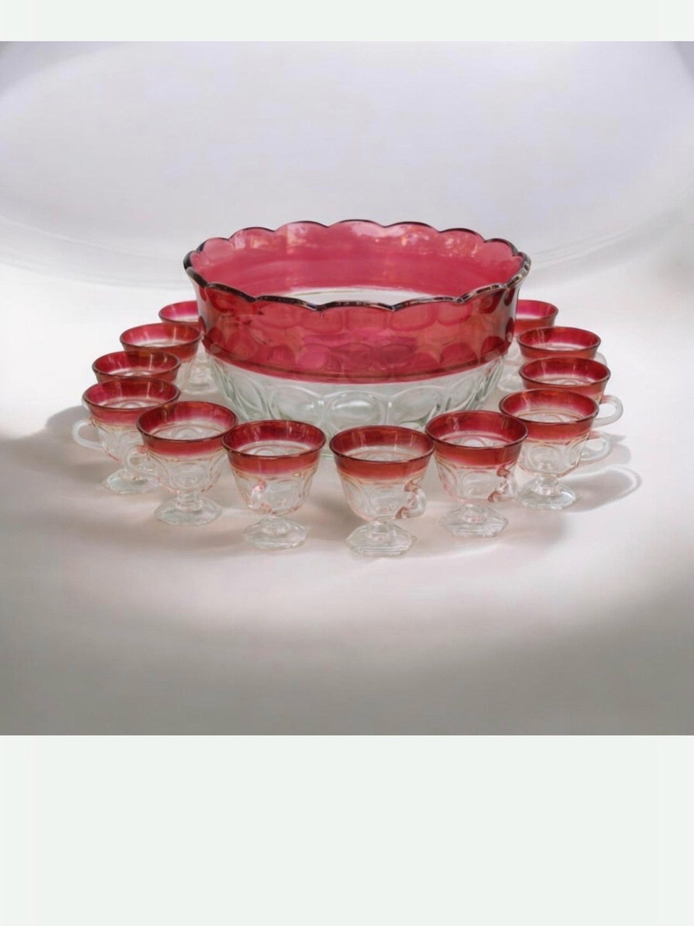 MCM Ruby Rim Glass Punch Bowl Set Christmas Party Punch Bowl Set - Vintage